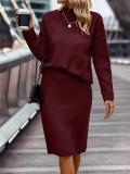 Claret Long Sleeve Striped Half Turtleneck Tops Sweaters Casual Two Pieces Skirt Sets