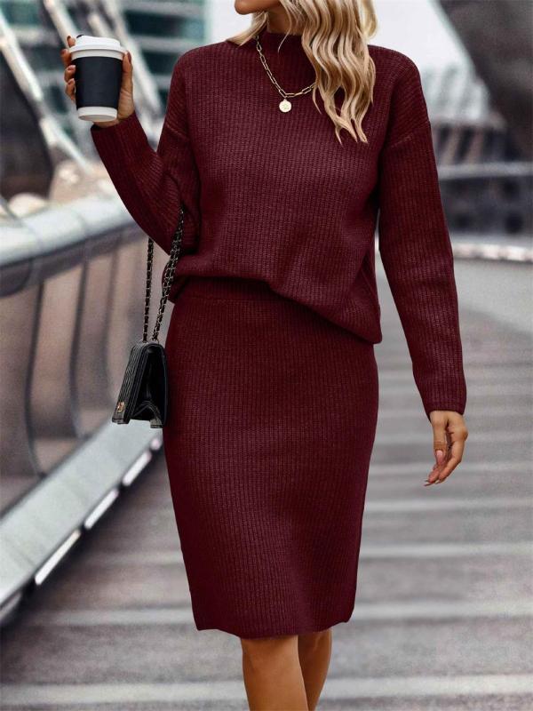 Claret Long Sleeve Striped Half Turtleneck Tops Sweaters Casual Two Pieces Skirt Sets