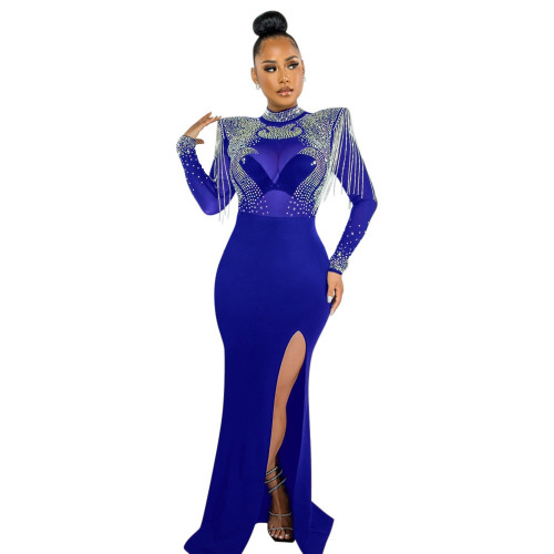 Blue Diamonds Tassels Mesh Long Sleeve See Through Evening Party Formal Maxi Dress