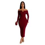 Claret Off Shoulder Long Sleeve Women Bodycon Office Dress