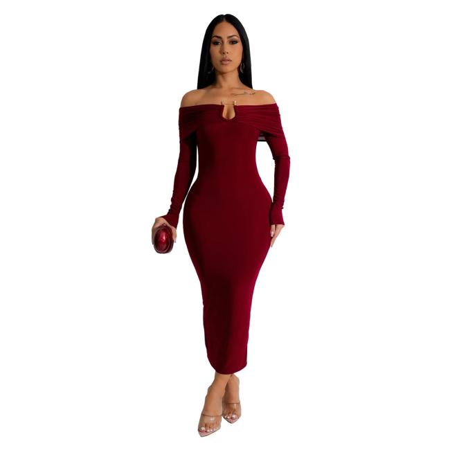 Claret Off Shoulder Long Sleeve Women Bodycon Office Dress
