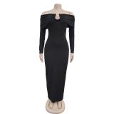 Black Off Shoulder Long Sleeve Women Bodycon Office Dress