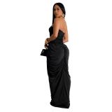 Black Off Shoulder Strapless V Neck Solid Pleated Loose Fashion Elegant Maxi Dress