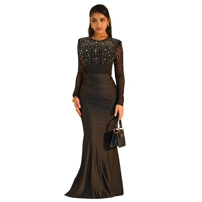 Black Mesh Diamonds Long Sleeve Bodycon Evening Prom Maxi Dress