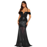 Black Elegant Off Shoulder Strapless Sequins Bodycon Mesh Evening Party Long Dress