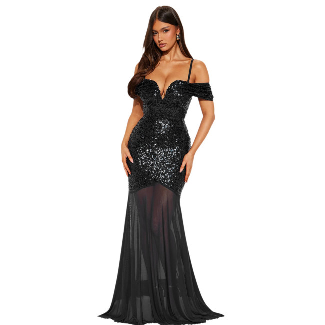 Black Elegant Off Shoulder Strapless Sequins Bodycon Mesh Evening Party Long Dress