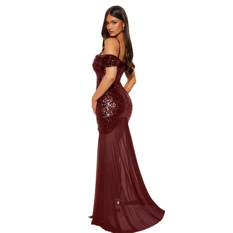 Claret Elegant Off Shoulder Strapless Sequins Bodycon Mesh Evening Party Long Dress
