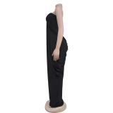 Black Off Shoulder Strapless V Neck Solid Pleated Loose Fashion Elegant Maxi Dress