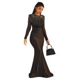 Black Mesh Diamonds Long Sleeve Bodycon Evening Prom Maxi Dress