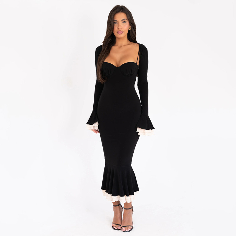 Black Long Sleeve Shawl Straps Off Shoulder Bodycon Midi Dress