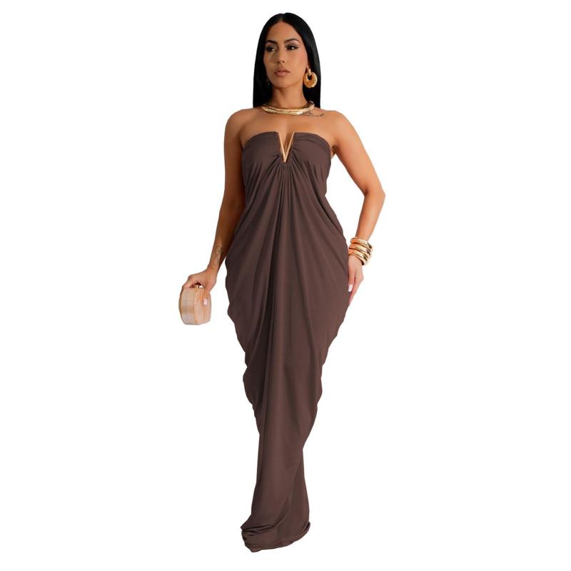 Coffee Off Shoulder Strapless V Neck Solid Pleated Loose Fashion Elegant Maxi Dress