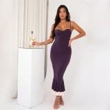 Purple Long Sleeve Shawl Straps Off Shoulder Bodycon Midi Dress
