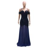 Royal Blue Elegant Off Shoulder Strapless Sequins Bodycon Mesh Evening Party Long Dress