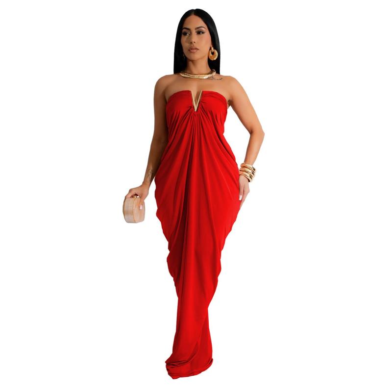 Red Off Shoulder Strapless V Neck Solid Pleated Loose Fashion Elegant Maxi Dress