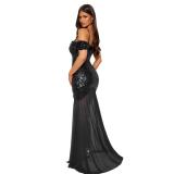 Black Elegant Off Shoulder Strapless Sequins Bodycon Mesh Evening Party Long Dress