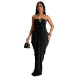 Black Off Shoulder Strapless V Neck Solid Pleated Loose Fashion Elegant Maxi Dress