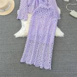 Purple Two Pieces Lace Hollow Out Long Sleeve Tops Bodycon Hip Wrap Skirt Midi Dress