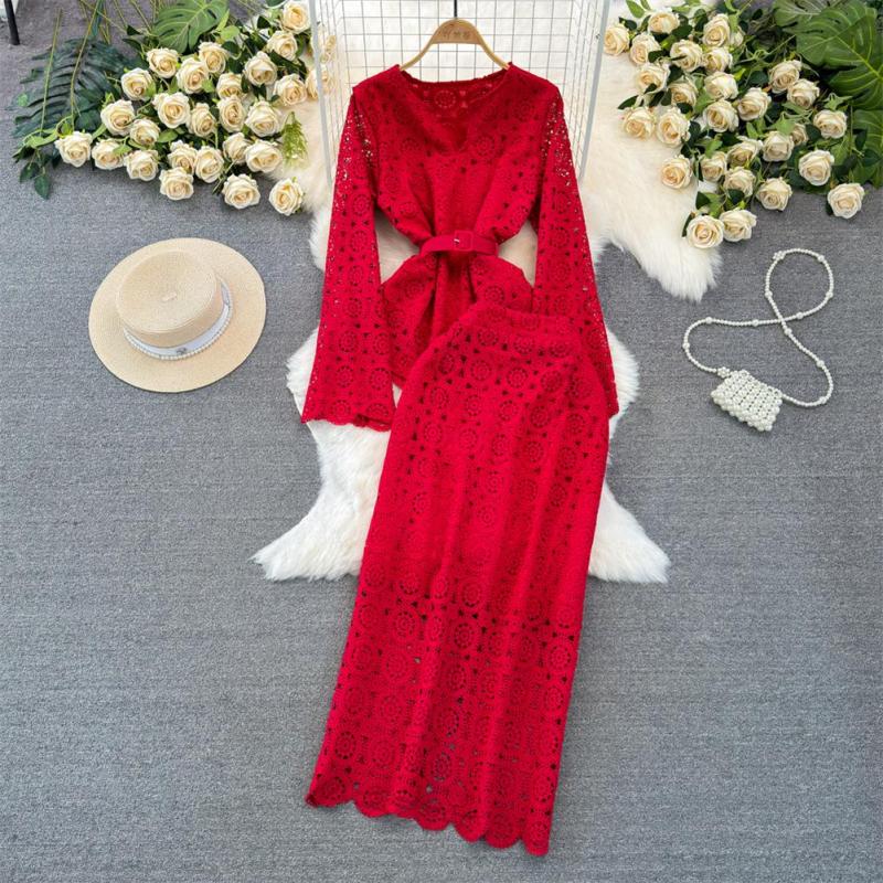 Red Two Pieces Lace Hollow Out Long Sleeve Tops Bodycon Hip Wrap Skirt Midi Dress