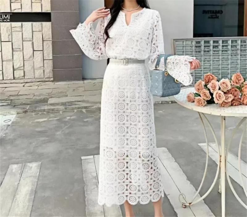 White Two Pieces Lace Hollow Out Long Sleeve Tops Bodycon Hip Wrap Skirt Midi Dress
