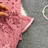 Pink Two Pieces Lace Hollow Out Long Sleeve Tops Bodycon Hip Wrap Skirt Midi Dress
