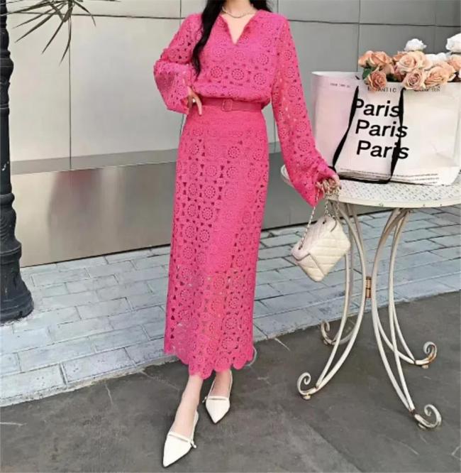 Rose Red Two Pieces Lace Hollow Out Long Sleeve Tops Bodycon Hip Wrap Skirt Midi Dress