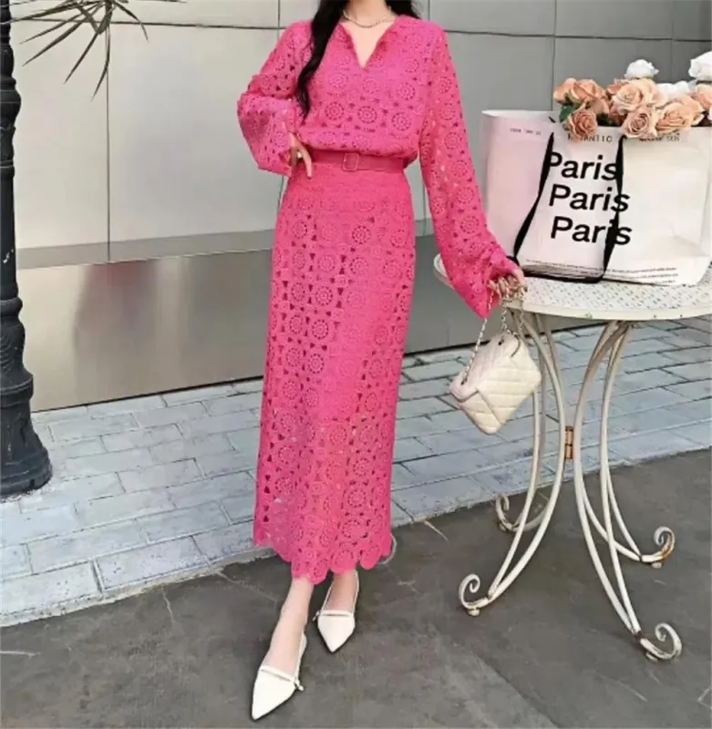Rose Red Two Pieces Lace Hollow Out Long Sleeve Tops Bodycon Hip Wrap Skirt Midi Dress