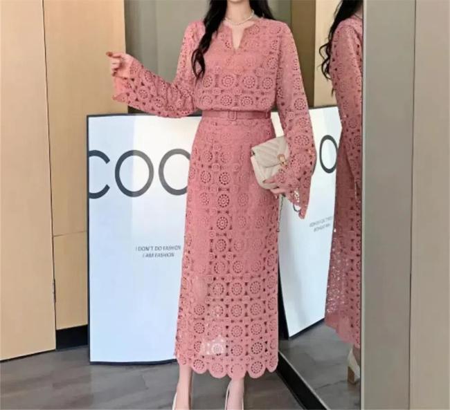 Pink Two Pieces Lace Hollow Out Long Sleeve Tops Bodycon Hip Wrap Skirt Midi Dress