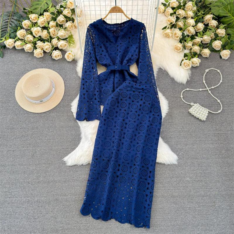 Royal Blue Two Pieces Lace Hollow Out Long Sleeve Tops Bodycon Hip Wrap Skirt Midi Dress