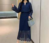 Royal Blue Two Pieces Lace Hollow Out Long Sleeve Tops Bodycon Hip Wrap Skirt Midi Dress