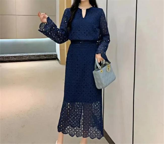Royal Blue Two Pieces Lace Hollow Out Long Sleeve Tops Bodycon Hip Wrap Skirt Midi Dress