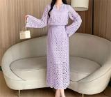 Purple Two Pieces Lace Hollow Out Long Sleeve Tops Bodycon Hip Wrap Skirt Midi Dress