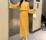 Yellow Two Pieces Lace Hollow Out Long Sleeve Tops Bodycon Hip Wrap Skirt Midi Dress