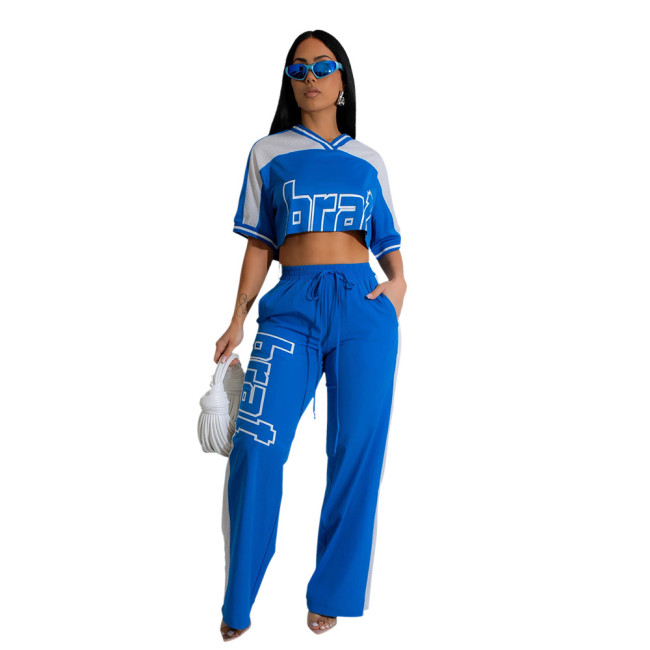 Blue Short Sleeve Crop Tops Two Pieces Printed Casual Pant Sets