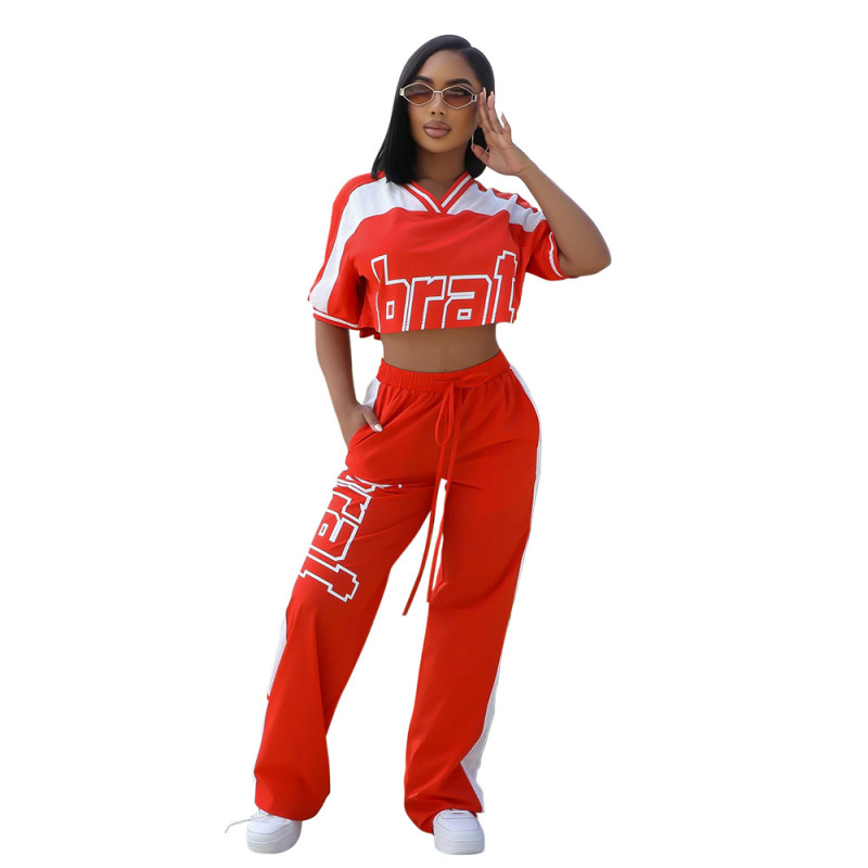 Red Short Sleeve Crop Tops Two Pieces Printed Casual Pant Sets