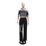 Black Short Sleeve Crop Tops Two Pieces Printed Casual Pant Sets