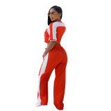 Red Short Sleeve Crop Tops Two Pieces Printed Casual Pant Sets
