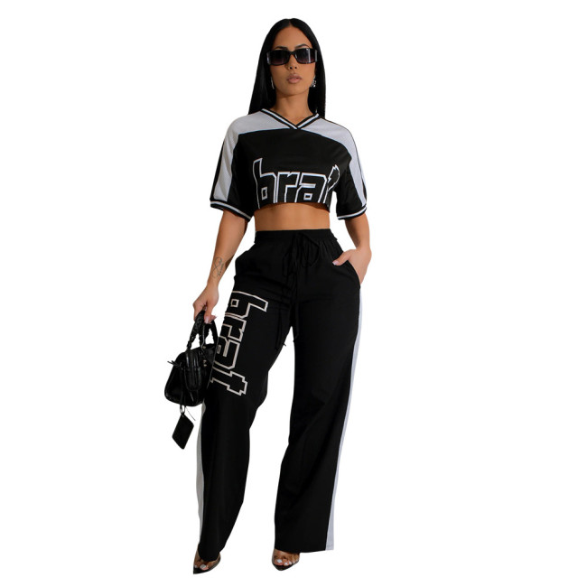 Black Short Sleeve Crop Tops Two Pieces Printed Casual Pant Sets