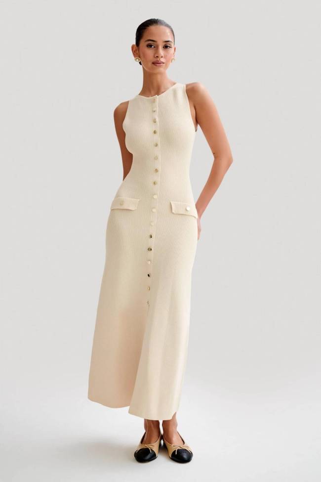 Beige Sleeveless Pleated Button Striped Slim Women Party Maxi Dress