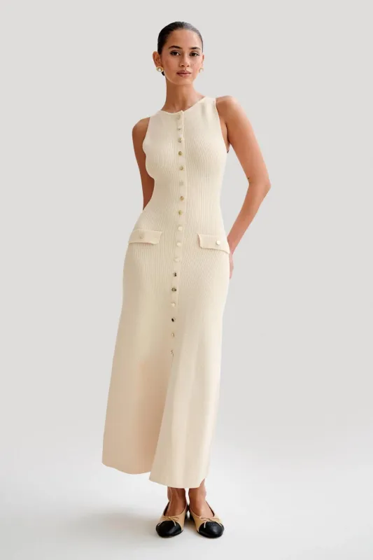 Beige Sleeveless Pleated Button Striped Slim Women Party Maxi Dress