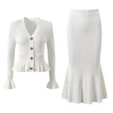 White Long Sleeve Ruffles Tops Pleated Striped Knitted Midi Dress Sets