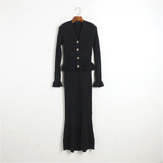 Black Long Sleeve Ruffles Tops Pleated Striped Knitted Midi Dress Sets