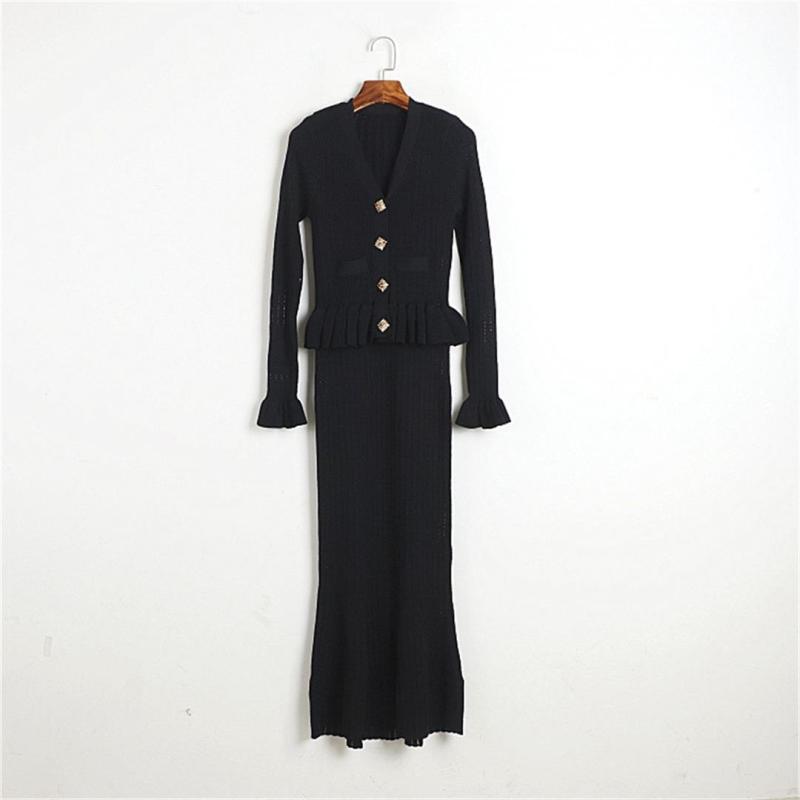 Black Long Sleeve Ruffles Tops Pleated Striped Knitted Midi Dress Sets
