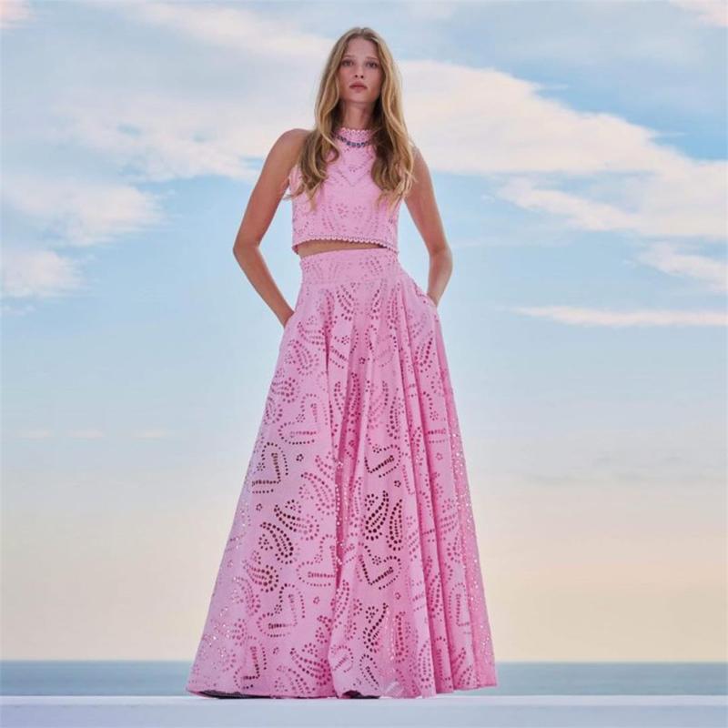 Pink Sleeve Hollow Out Crop Top Embroidered Pleated Pocket Two Pieces Skirt Set Dress