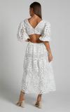 White Lace Embroidery Hollow Out Deep V Neck Women Party Evening Dress
