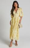 Yellow Lace Embroidery Hollow Out Deep V Neck Women Party Evening Dress 004