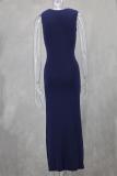 Royal Blue Sleeveless Pleated Button Striped Slim Women Party Maxi Dress
