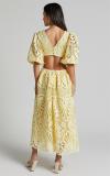 Yellow Lace Embroidery Hollow Out Deep V Neck Women Party Evening Dress 004