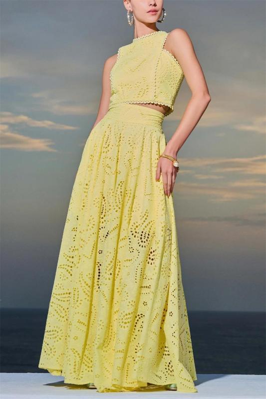 Yellow Sleeve Hollow Out Crop Top Embroidered Pleated Pocket Two Pieces Skirt Set Dress