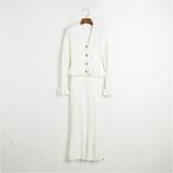 White Long Sleeve Ruffles Tops Pleated Striped Knitted Midi Dress Sets