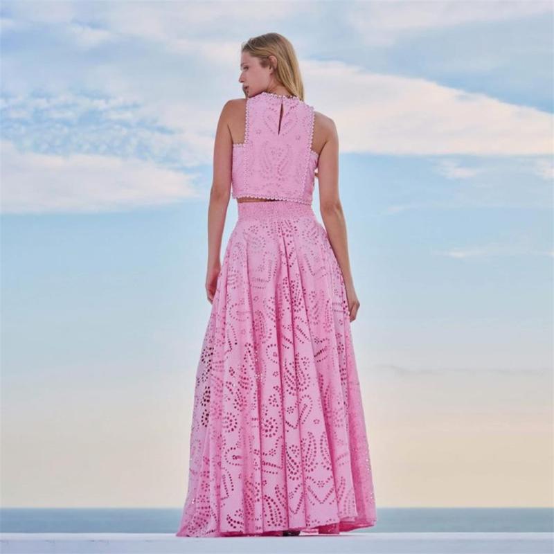 Pink Sleeve Hollow Out Crop Top Embroidered Pleated Pocket Two Pieces Skirt Set Dress